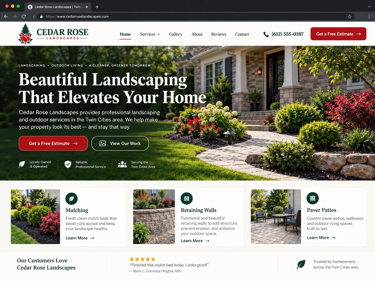 Example: the website built from that page, headlined Beautiful Landscaping That Elevates Your Home.