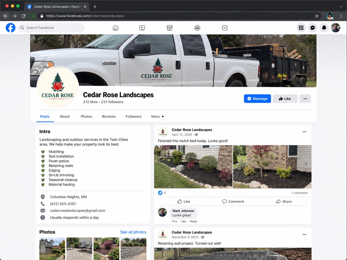 Example: the Cedar Rose Landscapes Facebook page, with a list of services and job photos.