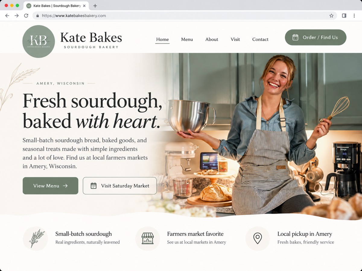 Example: the website built from that page, headlined Fresh sourdough, baked with heart.