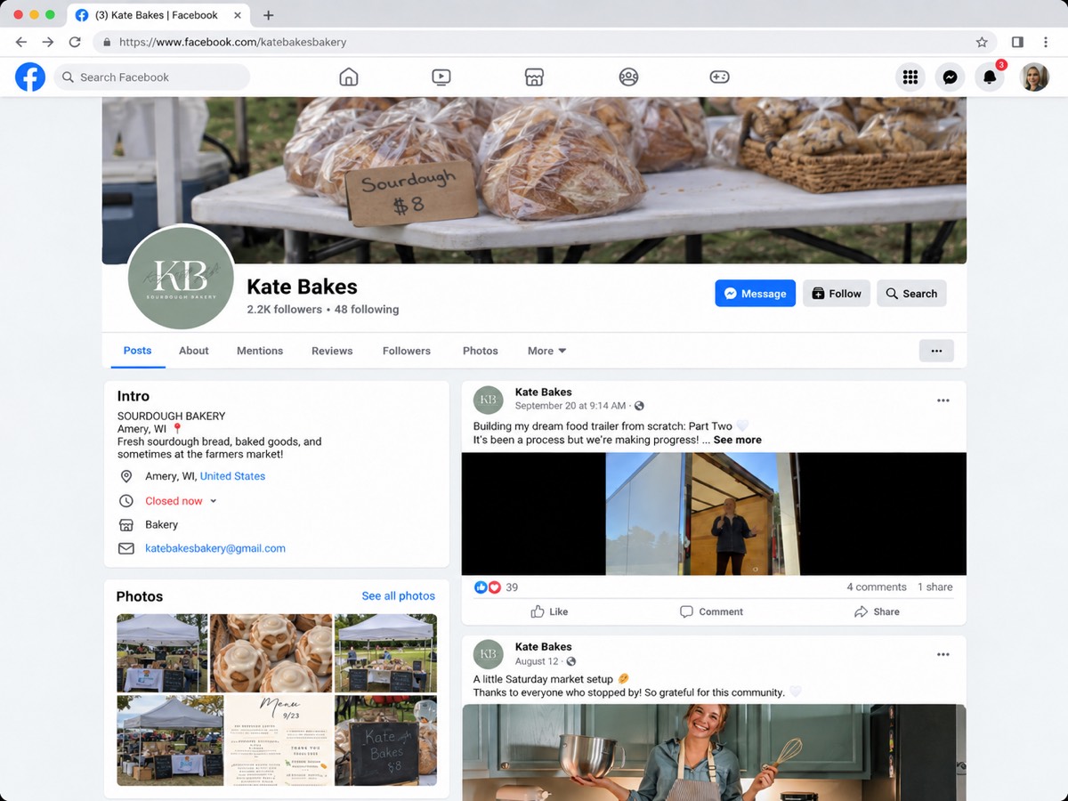 Example: the Kate Bakes Facebook page, with farmers market photos and a hand-written menu.